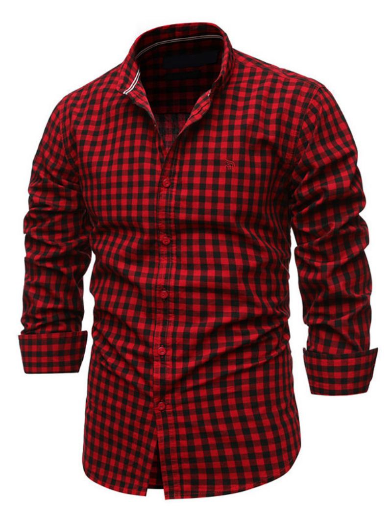 Chemise Décontractée Pour Hommes Col Rabattu Chic À Carreaux Rouge Chemises - Bourgogne