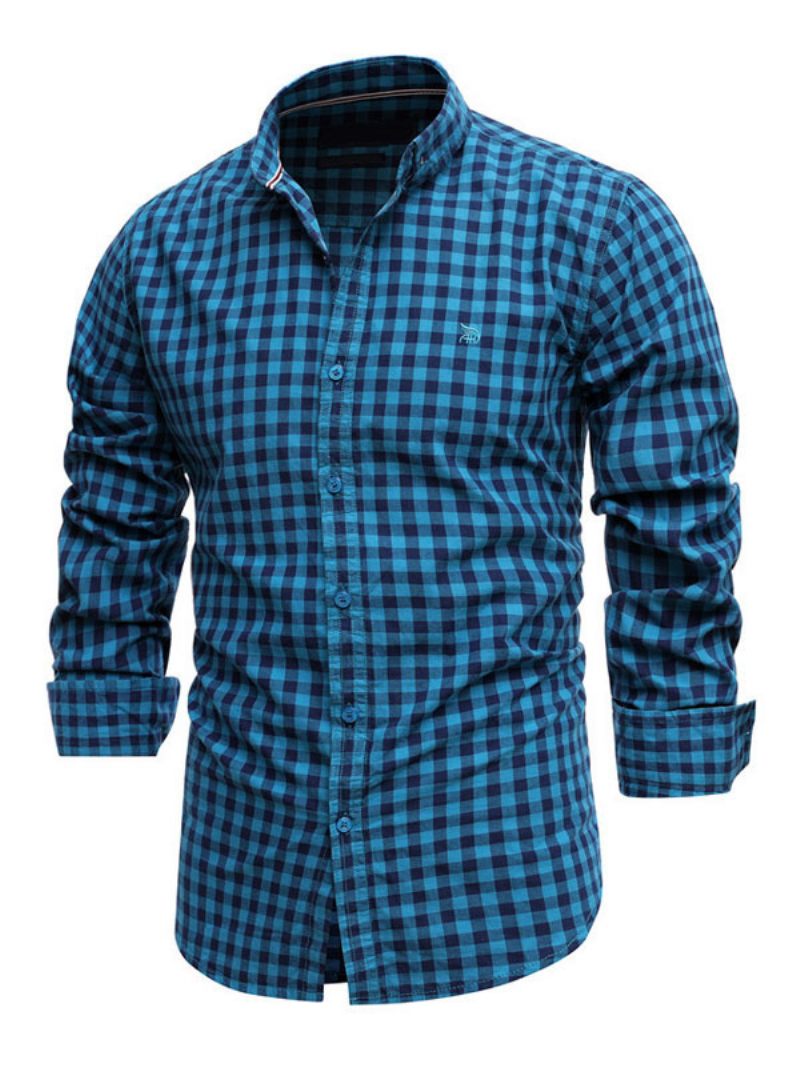 Chemise Décontractée Pour Hommes Col Rabattu Chic À Carreaux Rouge Chemises - Bleu