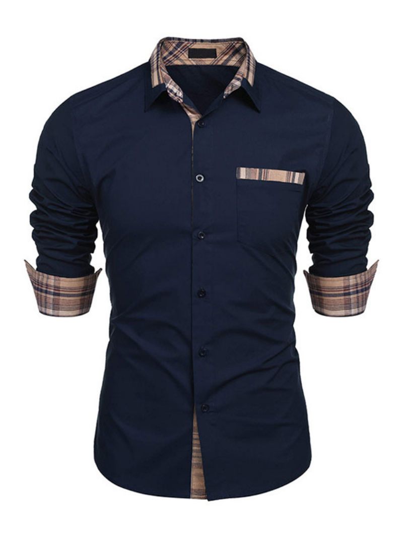 Chemise Décontractée Pour Hommes Col Rabattu Décontracté Bloc Couleur Amovible Bleu Bébé Chemises - Marine Foncé