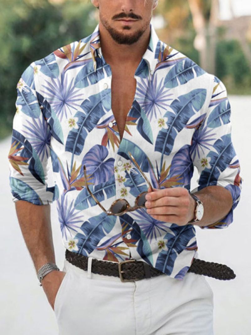 Chemise Décontractée Pour Hommes Col Rabattu Décontracté Imprimé Fleuri Bleu Ciel Clair Chemises D'été