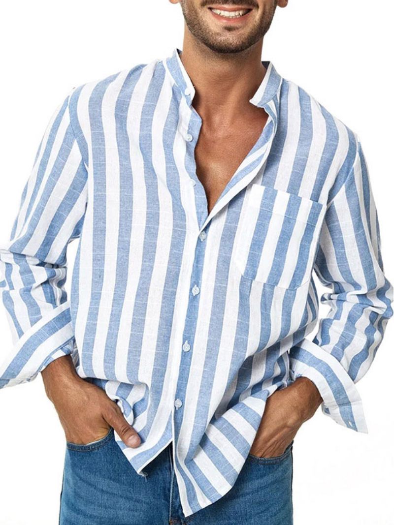 Chemise Décontractée Pour Hommes Col Rabattu Manches Longues Rayures Bleu Profond Chemises D'été - Bleu Ciel Clair 