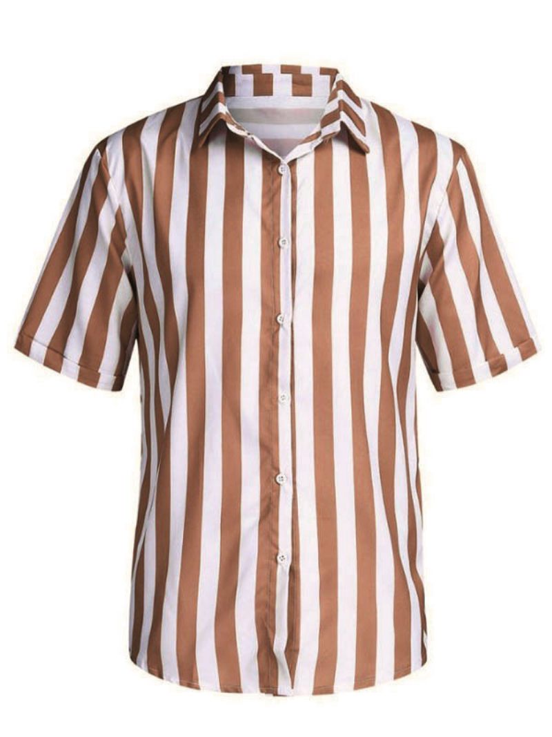 Chemise Décontractée Pour Hommes Col Rabattu Rayures Chics Chemises Rouges - Marron Café