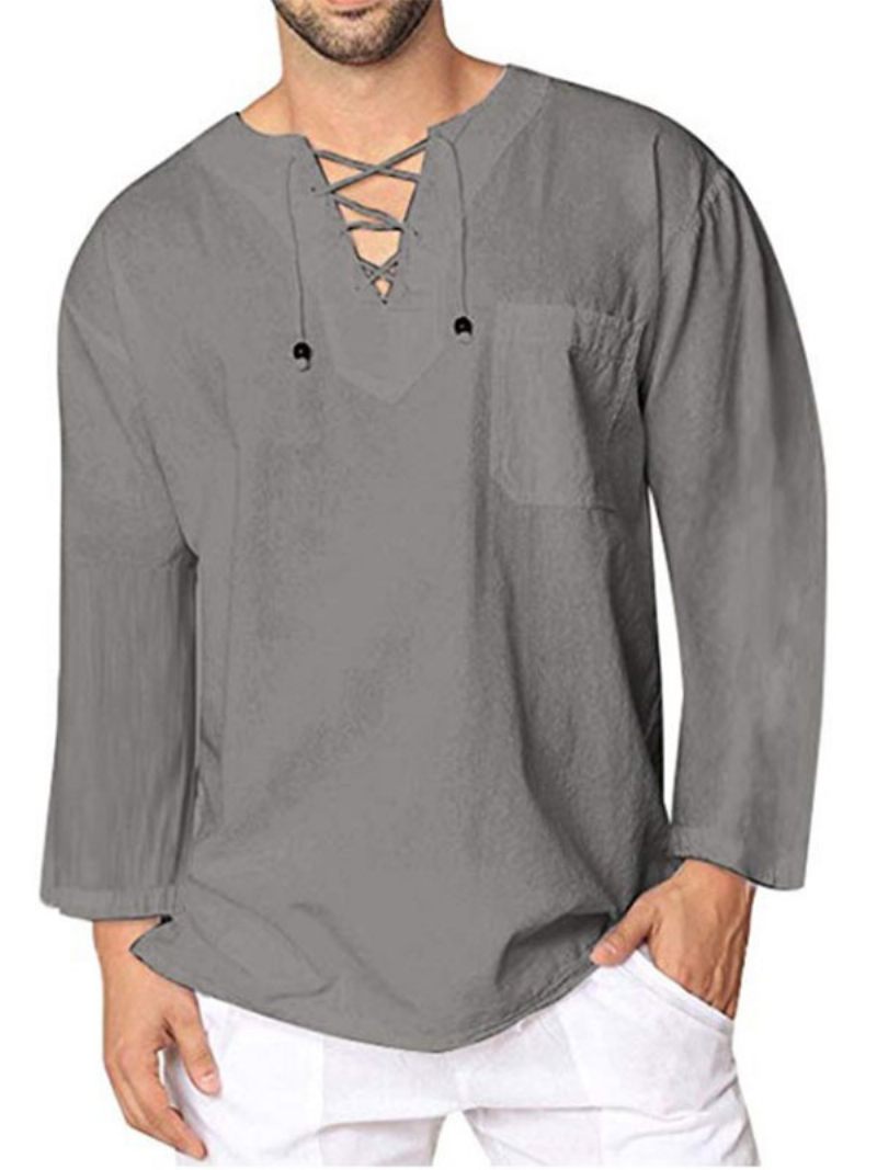 Chemise Décontractée Pour Hommes Col V Chemises Décontractées Bleu Marine Foncé - Gris Clair