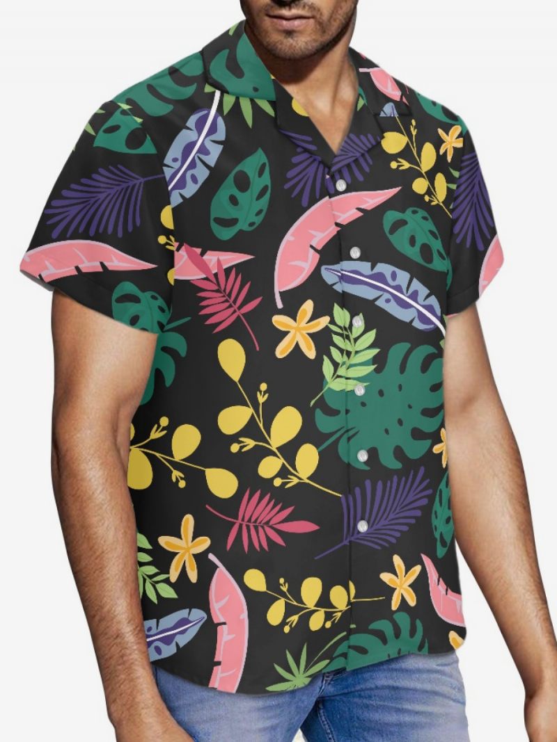 Chemise Décontractée Pour Hommes Haut Décontracté Imprimé Tropical - Noir