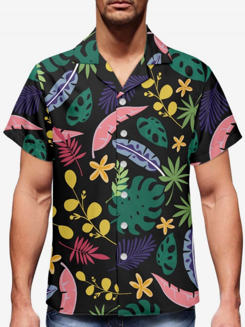 Chemise Décontractée Pour Hommes Haut Décontracté Imprimé Tropical - Noir