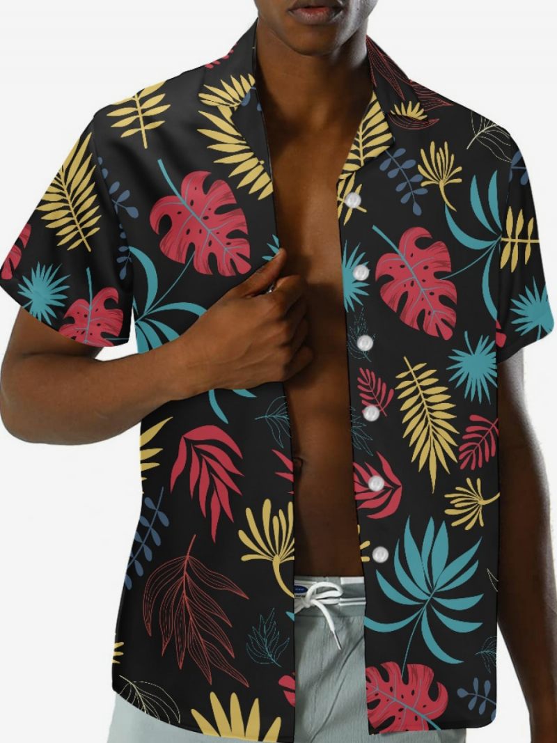 Chemise Décontractée À Manches Courtes Pour Hommes Haut Hawaïen Imprimé Tropical Noir