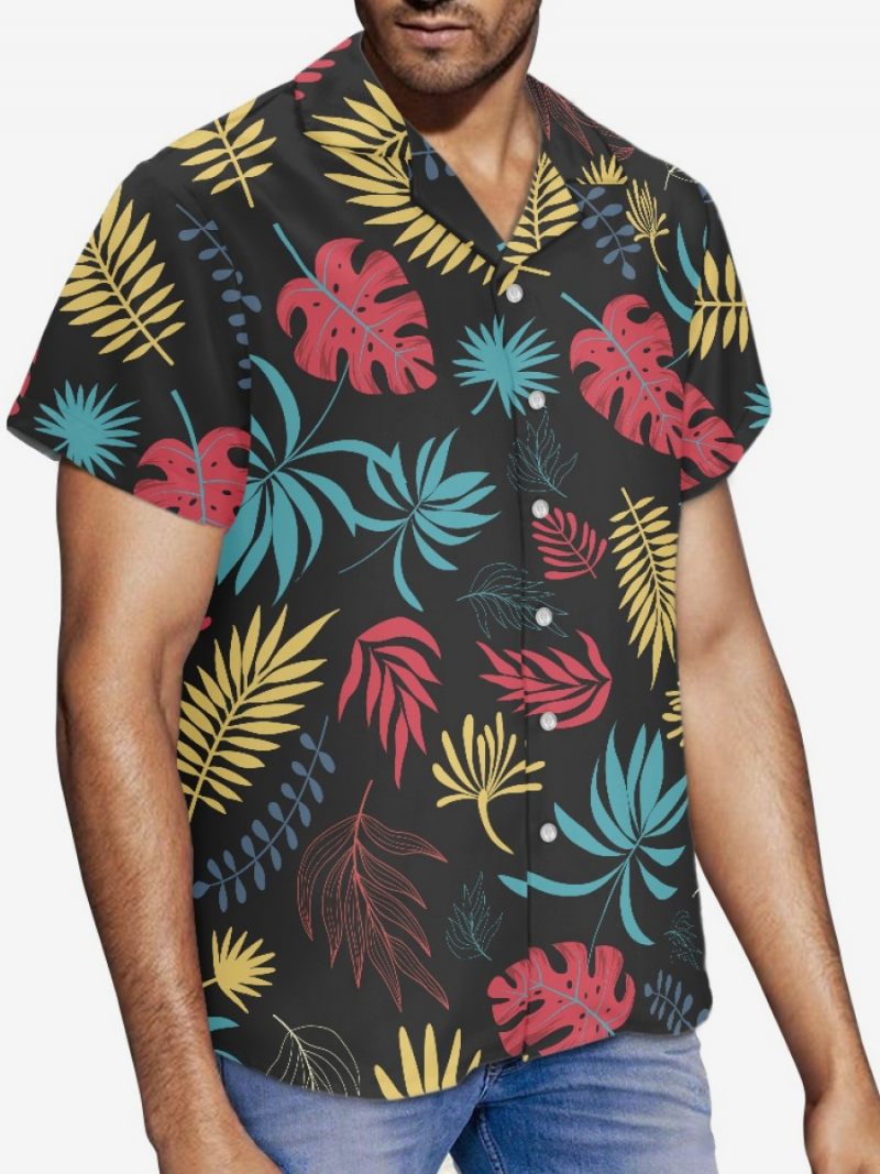 Chemise Décontractée À Manches Courtes Pour Hommes Haut Hawaïen Imprimé Tropical Noir - Noir