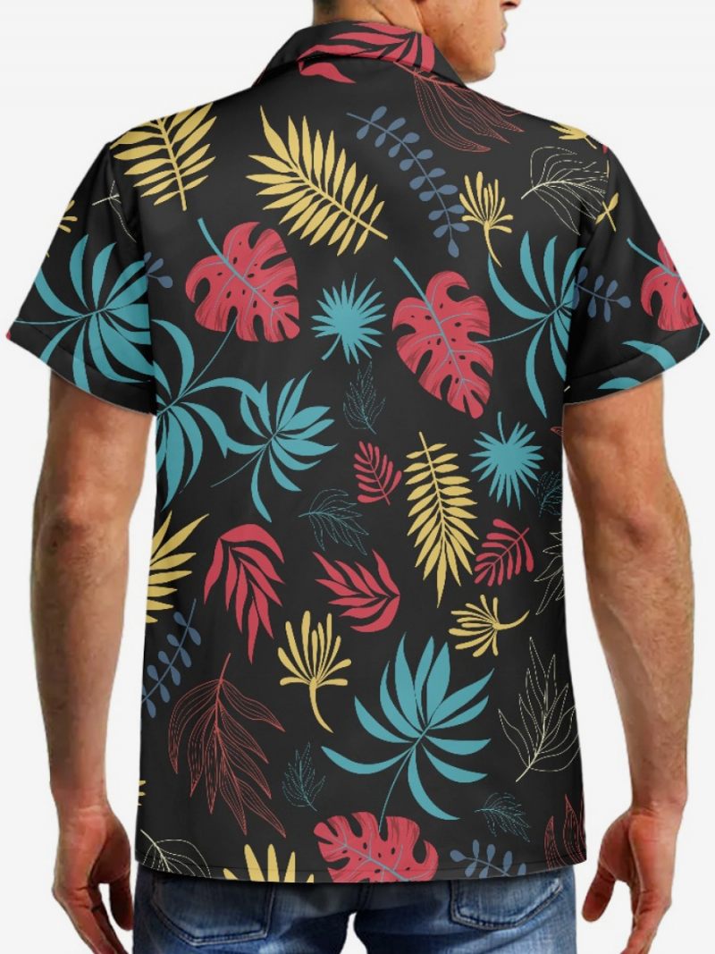 Chemise Décontractée À Manches Courtes Pour Hommes Haut Hawaïen Imprimé Tropical Noir - Noir