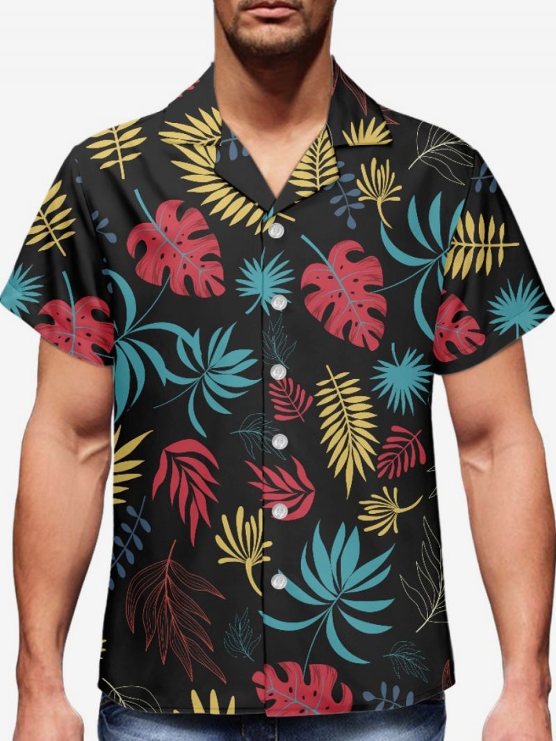 Chemise Décontractée À Manches Courtes Pour Hommes Haut Hawaïen Imprimé Tropical Noir - Noir