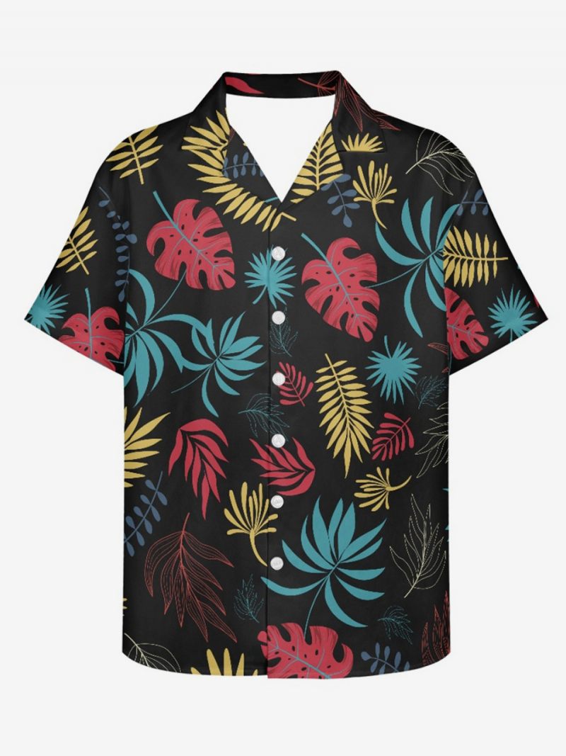 Chemise Décontractée À Manches Courtes Pour Hommes Haut Hawaïen Imprimé Tropical Noir - Noir