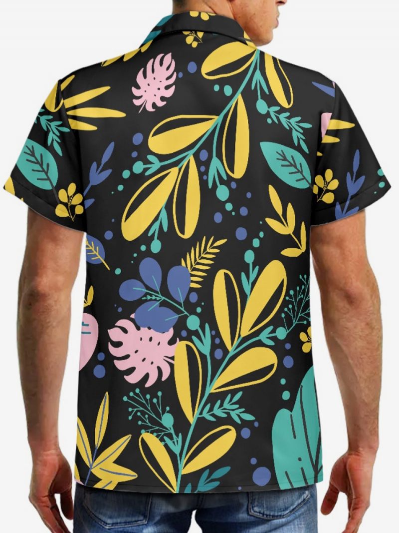 Chemise Hawaïenne À Manches Courtes Pour Hommes Haut Vacances Imprimé Plante - Noir