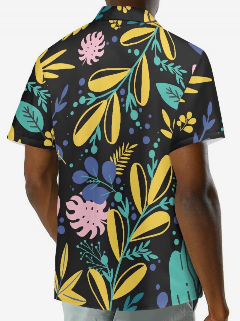 Chemise Hawaïenne À Manches Courtes Pour Hommes Haut Vacances Imprimé Plante - Noir