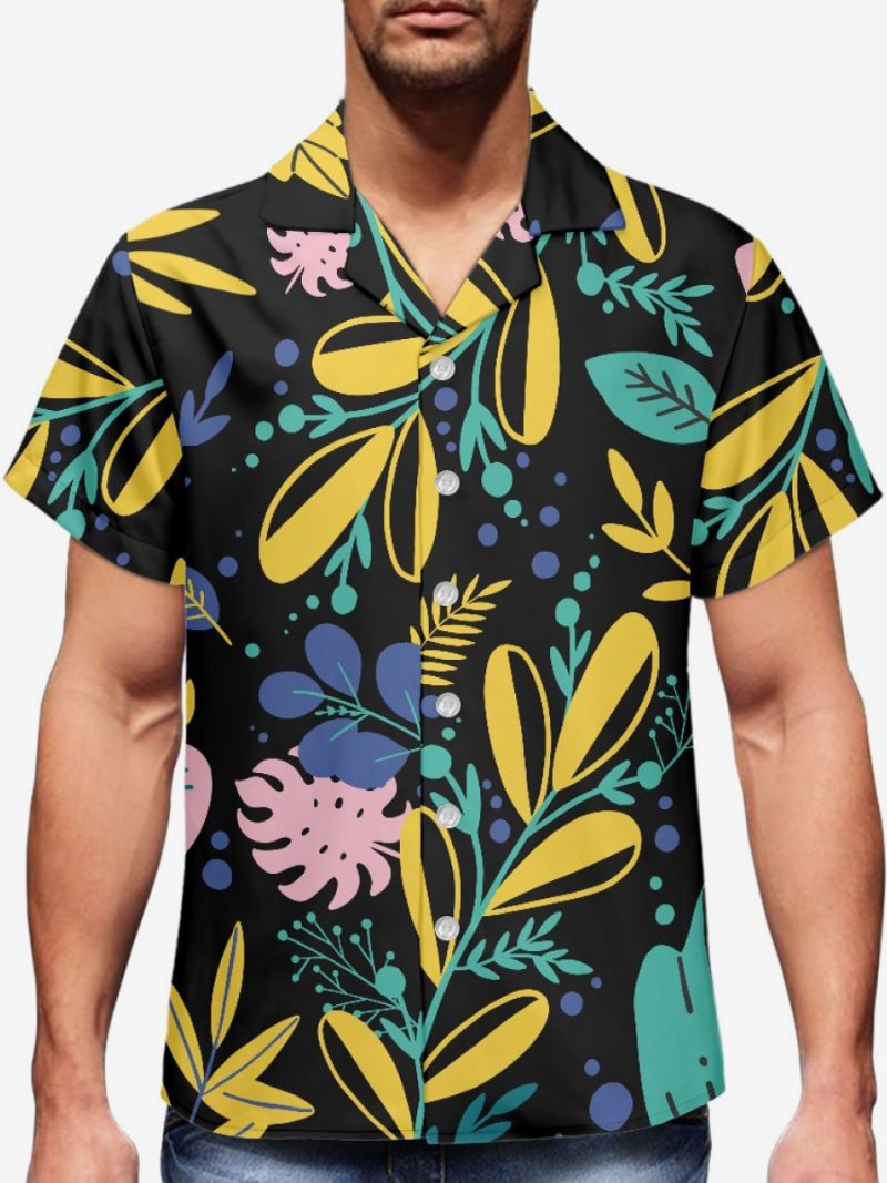 Chemise Hawaïenne À Manches Courtes Pour Hommes Haut Vacances Imprimé Plante - Noir