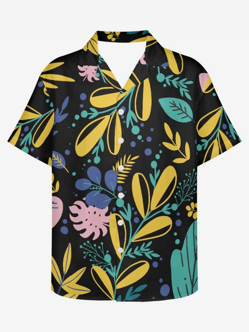 Chemise Hawaïenne À Manches Courtes Pour Hommes Haut Vacances Imprimé Plante - Noir