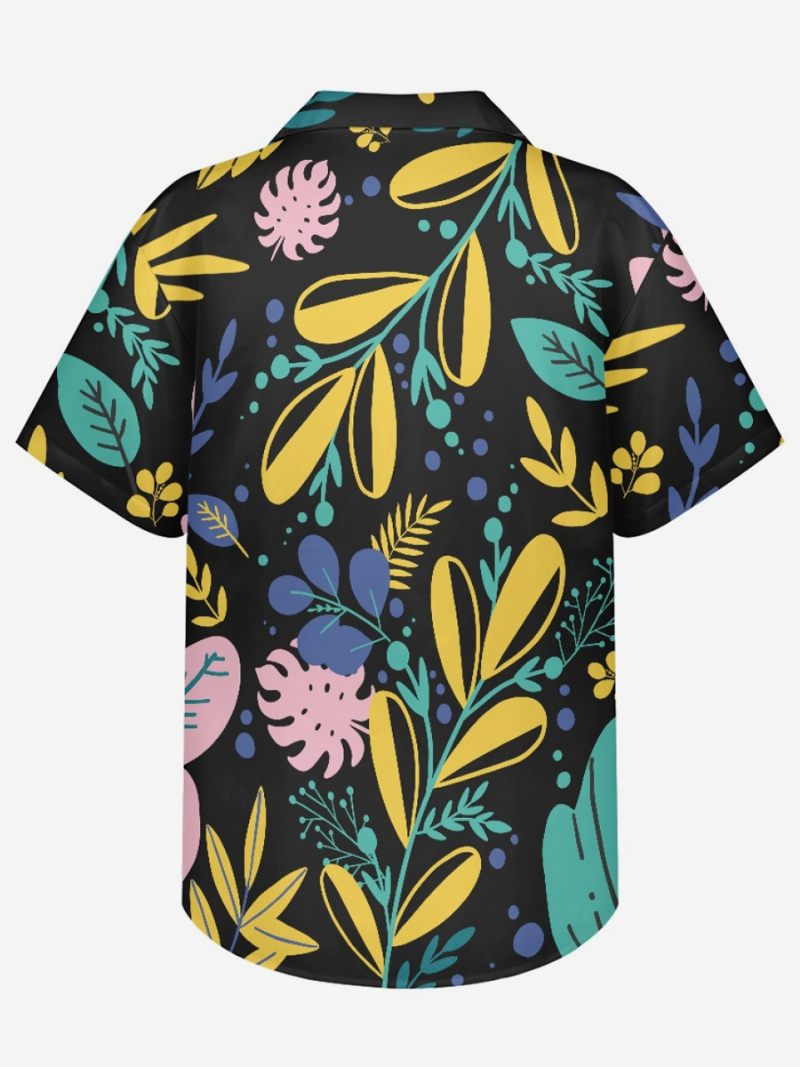 Chemise Hawaïenne À Manches Courtes Pour Hommes Haut Vacances Imprimé Plante - Noir