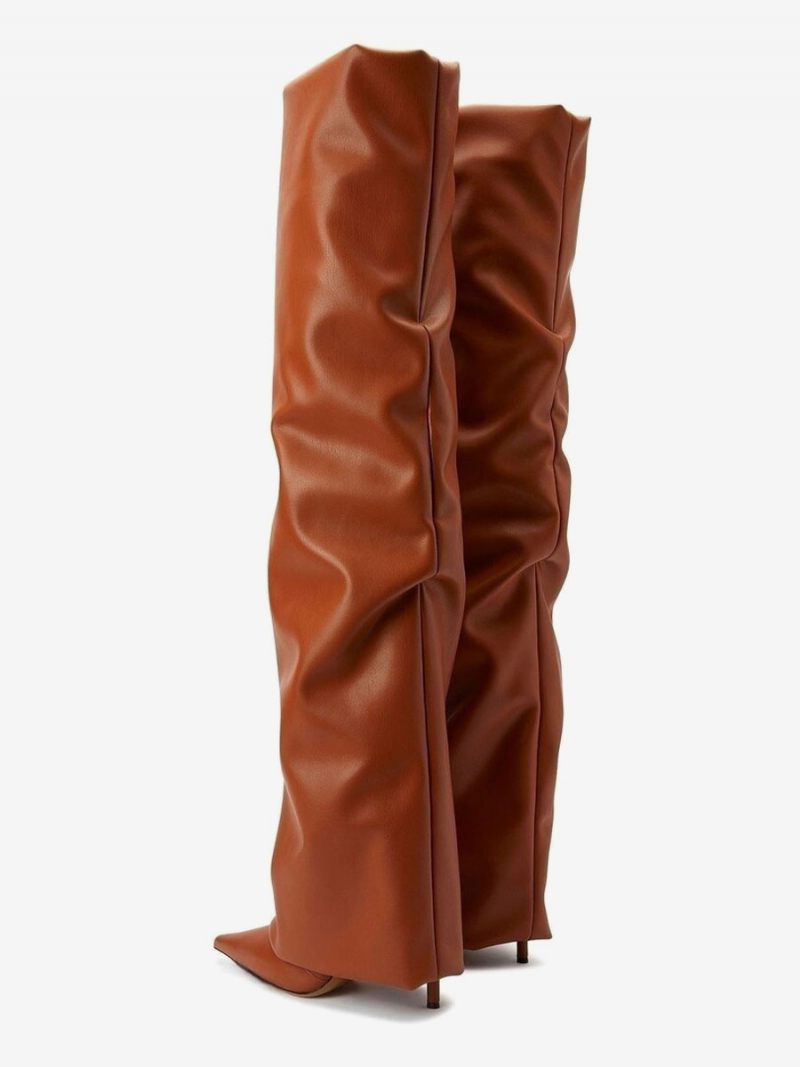 Bottes Au-dessus Du Genou Pour Femmes Bout Pointu Talons Hauts Cuissardes Pliables - Marron Café