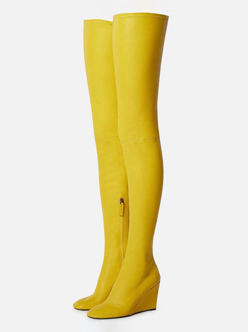 Bottes Au-dessus Du Genou Pour Femmes Bout Rond Talon Compensé Cuissardes Hautes - Jaune