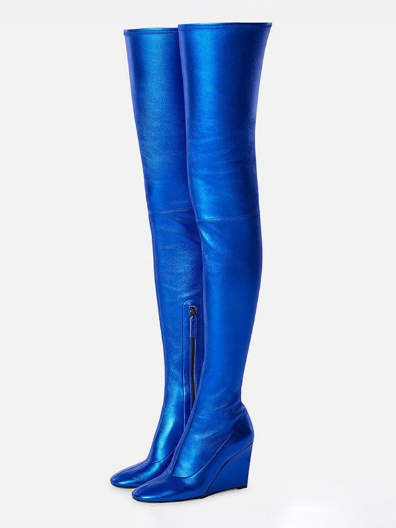 Bottes Au-dessus Du Genou Pour Femmes Bout Rond Talon Compensé Cuissardes Hautes - Bleu