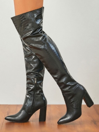 Bottes Au Dessus Du Genou Pour Femmes Cuissardes Noires Cuir Pu À Talons Épais