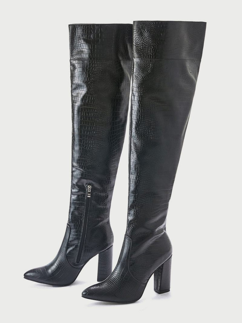 Bottes Au Dessus Du Genou Pour Femmes Cuissardes Noires Cuir Pu À Talons Épais - Noir