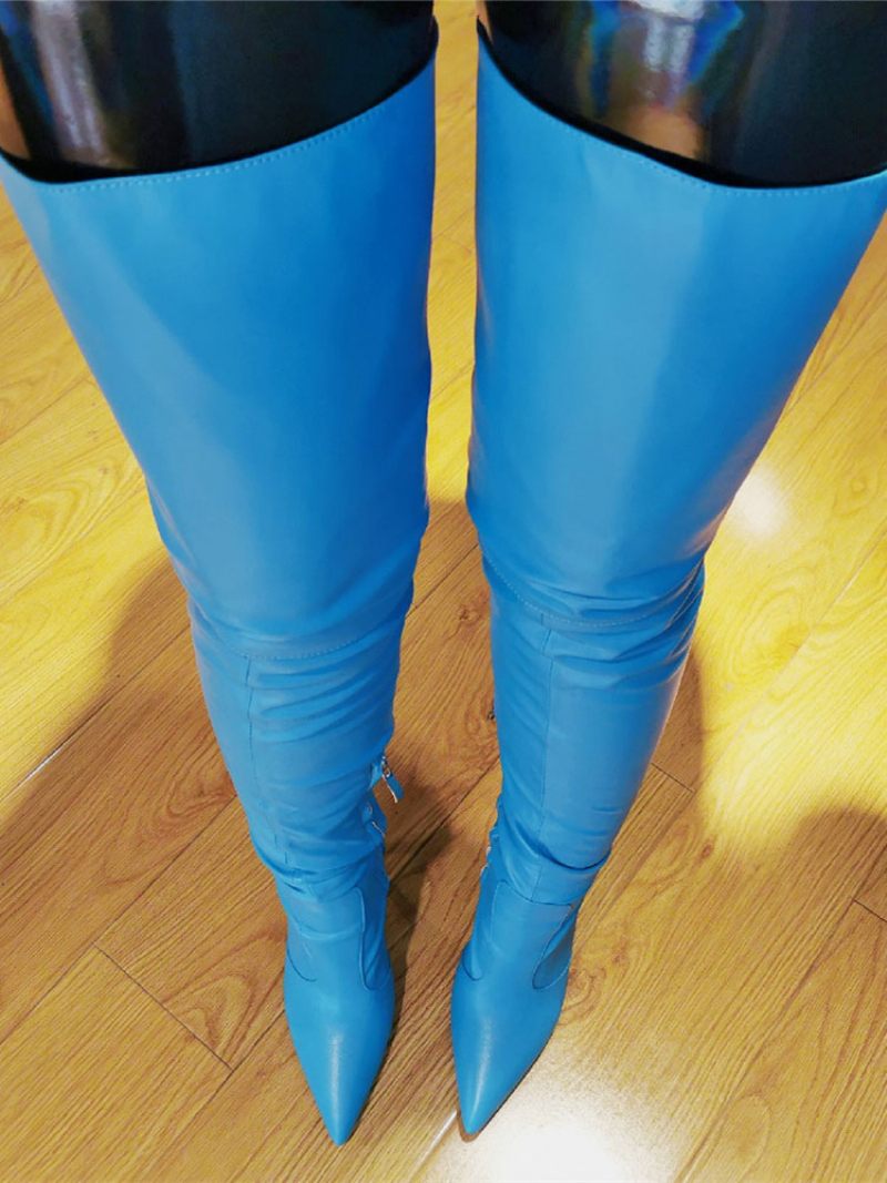 Bottes Au Dessus Du Genou Pour Femmes Grande Taille Talon Aiguille Bout Pointu Fermeture Éclair Cuir Pu Cuissardes Bleues Claires - Bleu Ciel Clair