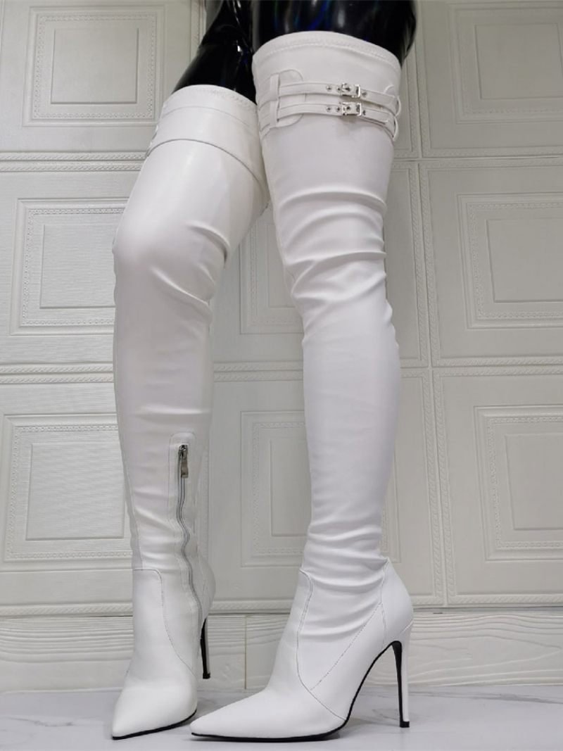 Bottes Au Dessus Du Genou Pour Femmes Grande Taille Talon Aiguille Cuir Pu Cuissardes Blanches - Blanc