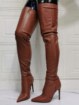 Bottes Au Dessus Du Genou Pour Femmes Grande Taille Talon Aiguille Cuir Pu Cuissardes Marron Café