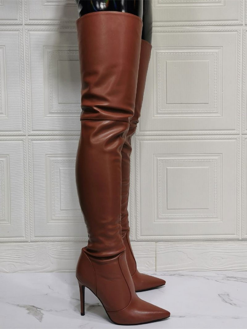 Bottes Au Dessus Du Genou Pour Femmes Grande Taille Talon Aiguille Cuir Pu Cuissardes Marron Café - Marron