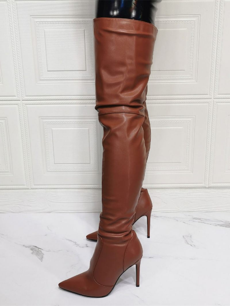 Bottes Au Dessus Du Genou Pour Femmes Grande Taille Talon Aiguille Cuir Pu Cuissardes Marron Café - Marron