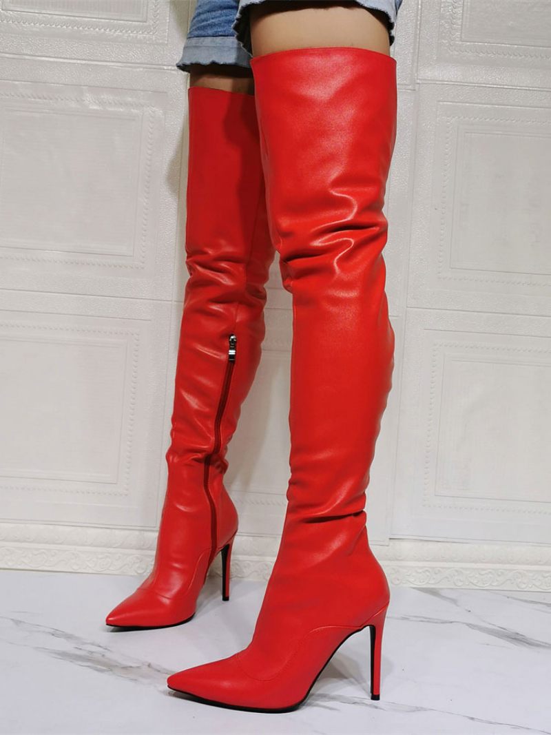 Bottes Au Dessus Du Genou Pour Femmes Grande Taille Talon Aiguille Cuir Pu Cuissardes Rouges - Rouge