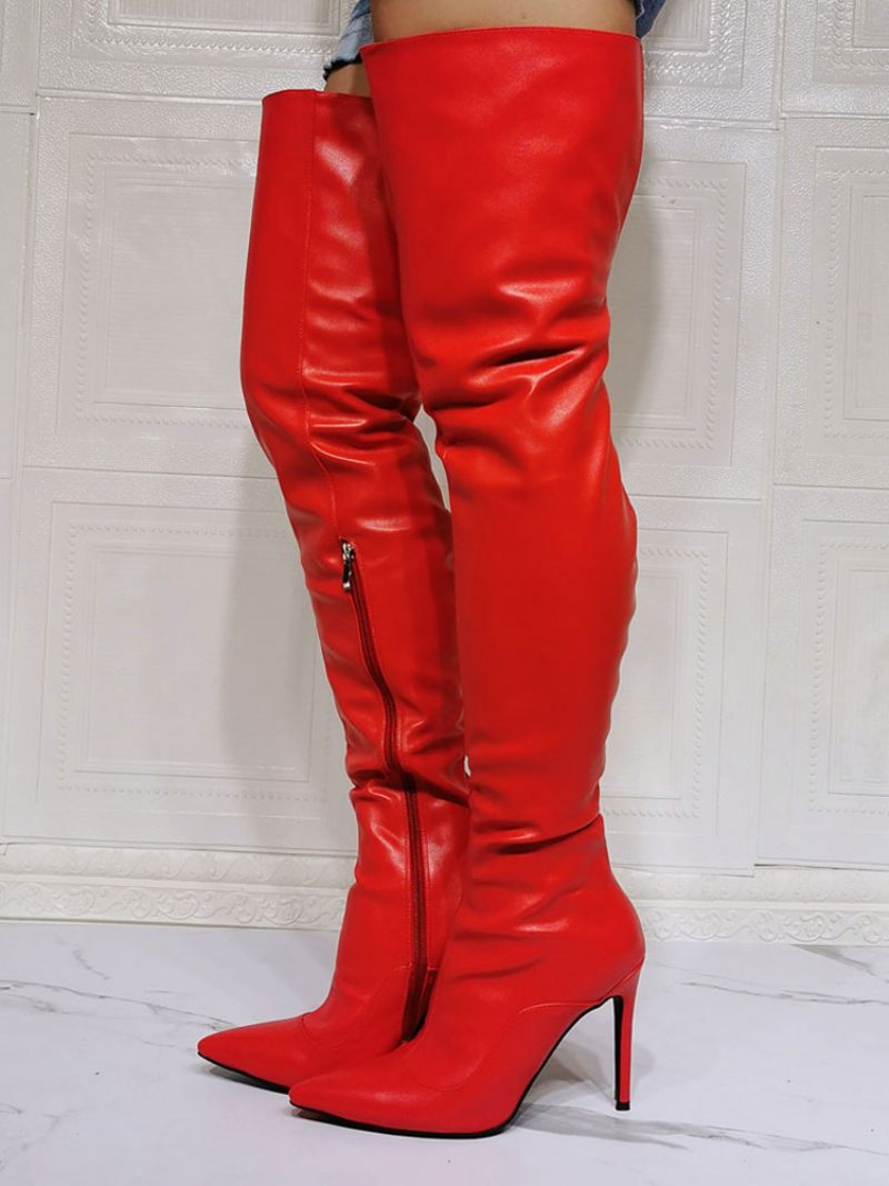 Bottes Au Dessus Du Genou Pour Femmes Grande Taille Talon Aiguille Cuir Pu Cuissardes Rouges - Rouge