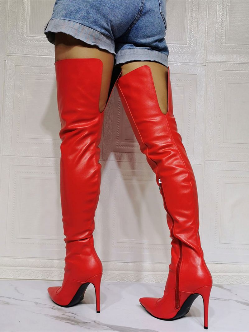 Bottes Au Dessus Du Genou Pour Femmes Grande Taille Talon Aiguille Cuir Pu Cuissardes Rouges - Rouge