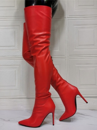 Bottes Au Dessus Du Genou Pour Femmes Grande Taille Talon Aiguille Cuir Pu Cuissardes Rouges