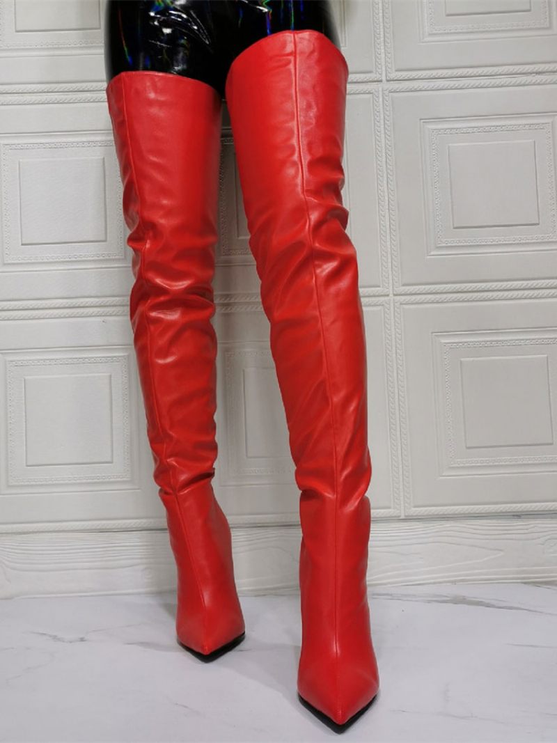 Bottes Au Dessus Du Genou Pour Femmes Grande Taille Talon Aiguille Cuir Pu Cuissardes Rouges - Rouge