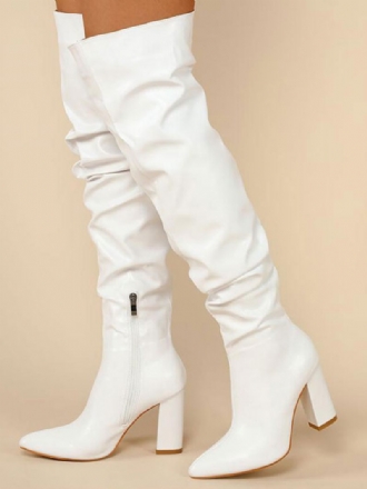 Bottes Au Dessus Du Genou Pour Femmes Talon Aiguille Bout Pointu Cuir Pu Cuissardes Blanches