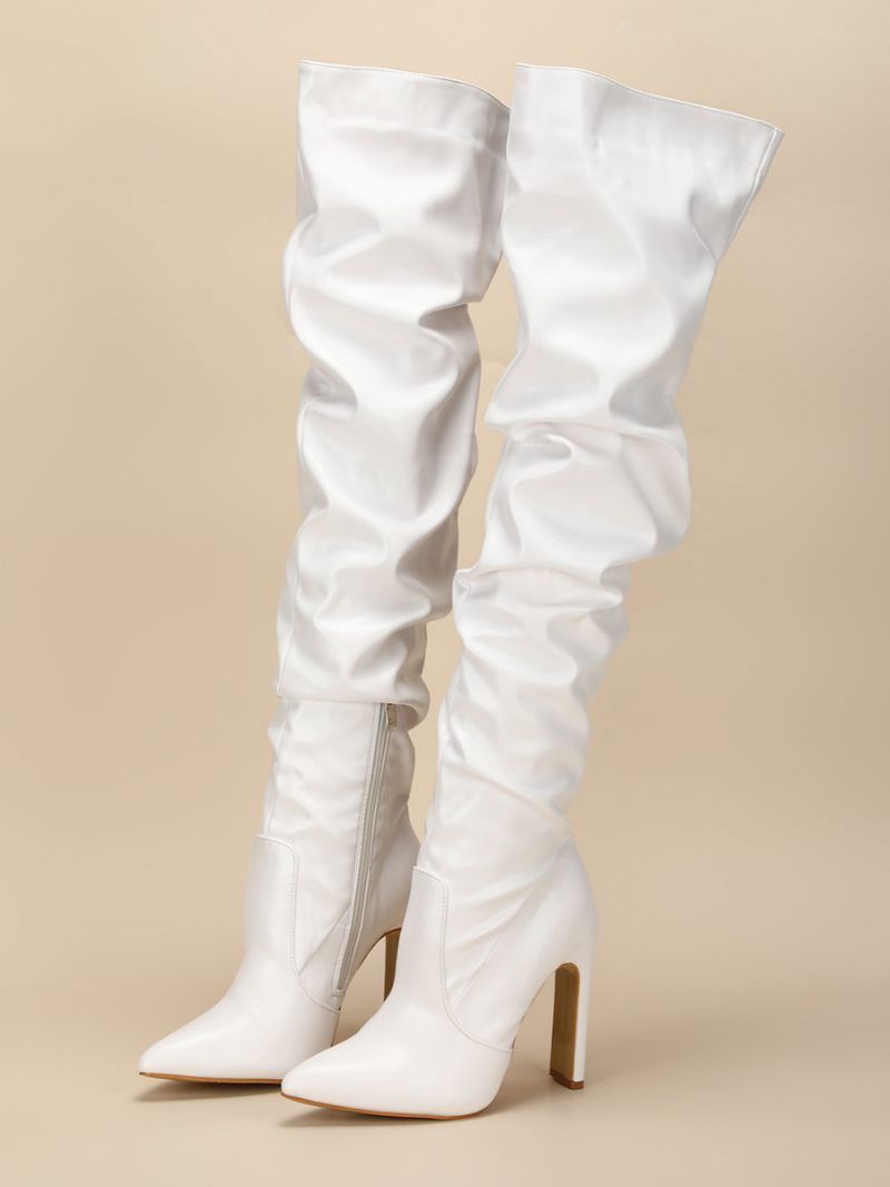 Bottes Au-dessus Du Genou Pour Femmes Talon Épais Bout Pointu Cuissardes Blanches Cuir Pu - Blanc