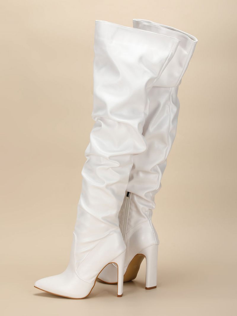 Bottes Au-dessus Du Genou Pour Femmes Talon Épais Bout Pointu Cuissardes Blanches Cuir Pu - Blanc