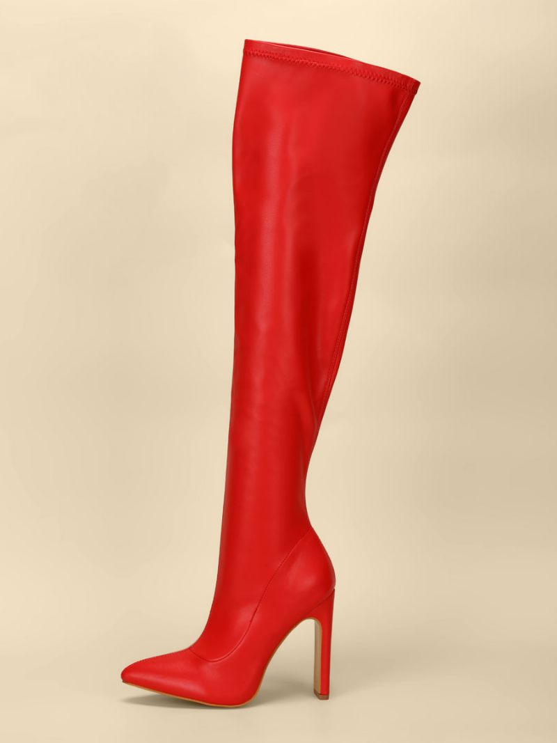 Bottes Au-dessus Du Genou Pour Femmes Talon Épais Bout Pointu Cuissardes Blondes Cuir Pu - Rouge