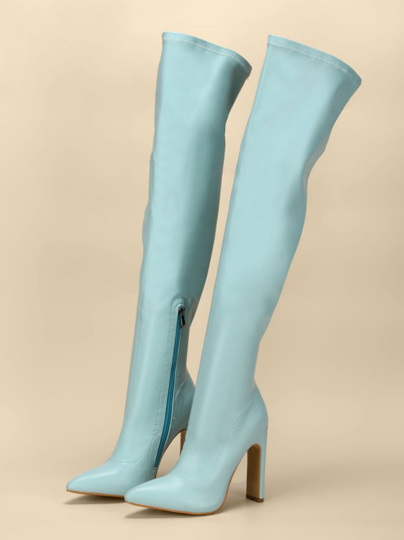 Bottes Au-dessus Du Genou Pour Femmes Talon Épais Bout Pointu Cuissardes Blondes Cuir Pu - Bleu Ciel Clair