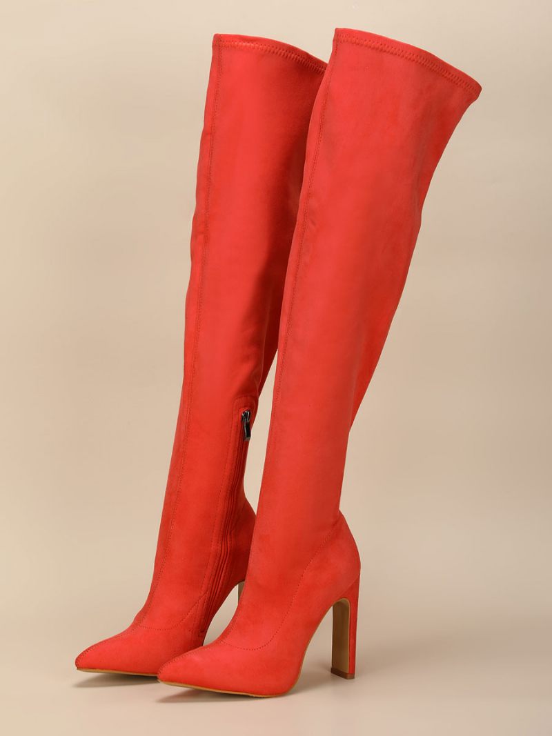 Bottes Au Dessus Du Genou Pour Femmes Talon Épais Bout Pointu Tige Micro Daim Cuissardes Hautes Orange Rouge