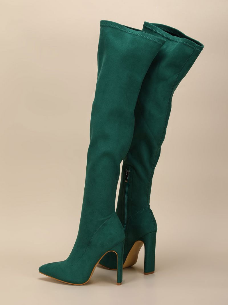 Bottes Au Dessus Du Genou Pour Femmes Talon Épais Bout Pointu Tige Micro Daim Cuissardes Hautes Orange Rouge - Vert Foncé