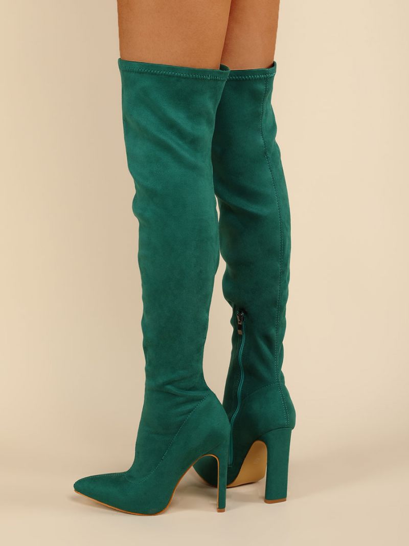 Bottes Au Dessus Du Genou Pour Femmes Talon Épais Bout Pointu Tige Micro Daim Cuissardes Hautes Orange Rouge - Vert Foncé