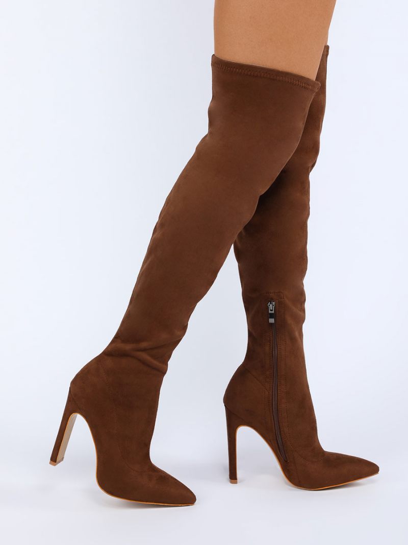 Bottes Au Dessus Du Genou Pour Femmes Talon Épais Bout Pointu Tige Micro Daim Cuissardes Hautes Orange Rouge - Marron Foncé