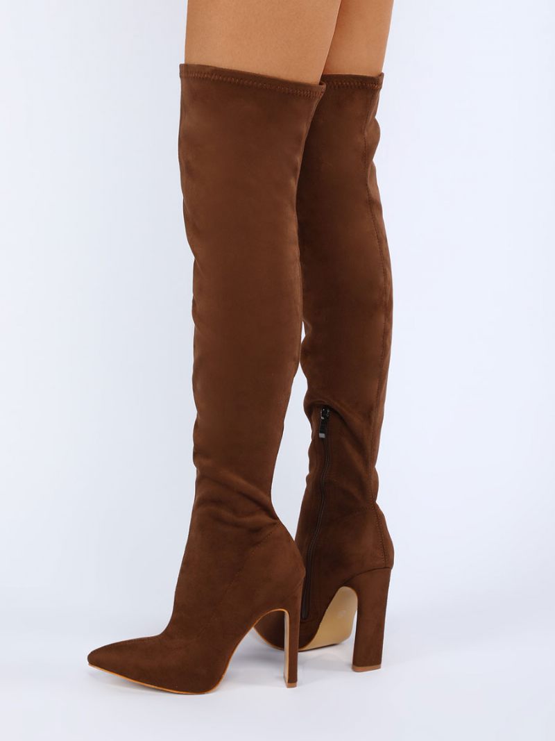 Bottes Au Dessus Du Genou Pour Femmes Talon Épais Bout Pointu Tige Micro Daim Cuissardes Hautes Orange Rouge - Marron Foncé