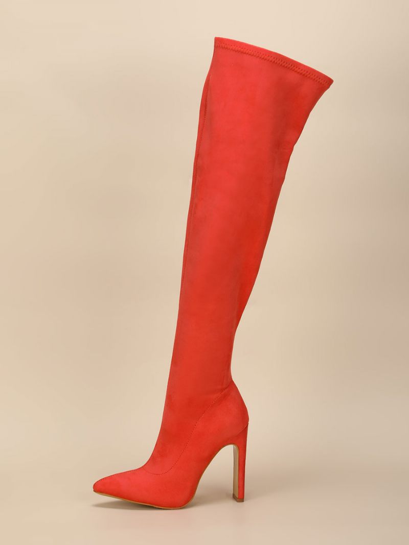 Bottes Au Dessus Du Genou Pour Femmes Talon Épais Bout Pointu Tige Micro Daim Cuissardes Hautes Orange Rouge - Rouge Orange