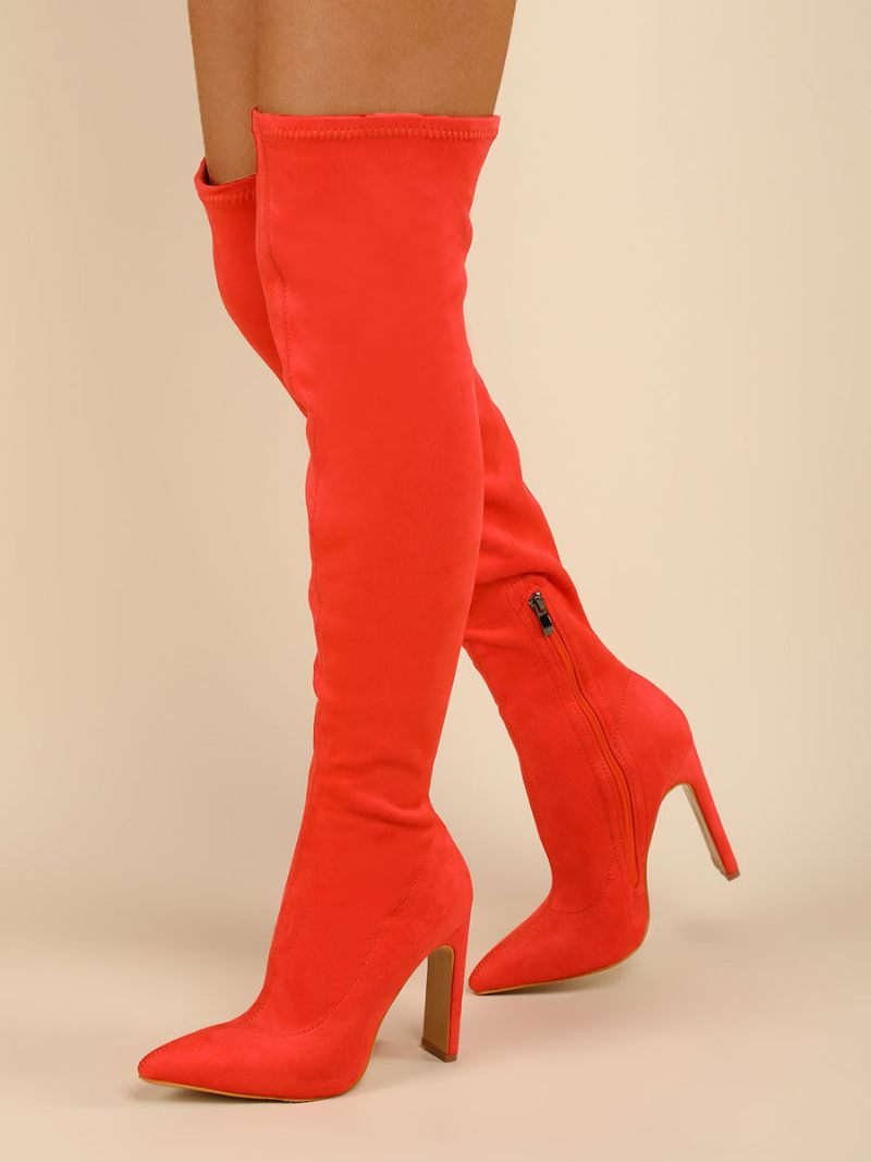 Bottes Au Dessus Du Genou Pour Femmes Talon Épais Bout Pointu Tige Micro Daim Cuissardes Hautes Orange Rouge - Rouge Orange