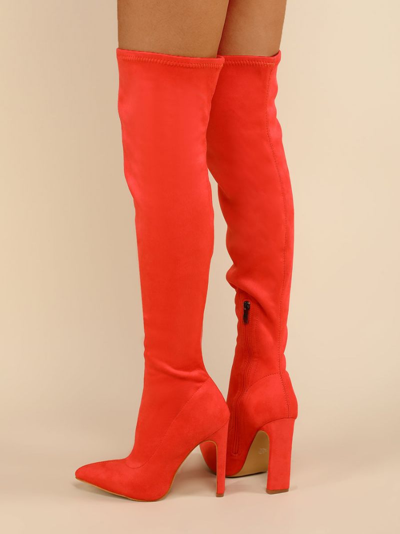 Bottes Au Dessus Du Genou Pour Femmes Talon Épais Bout Pointu Tige Micro Daim Cuissardes Hautes Orange Rouge - Rouge Orange