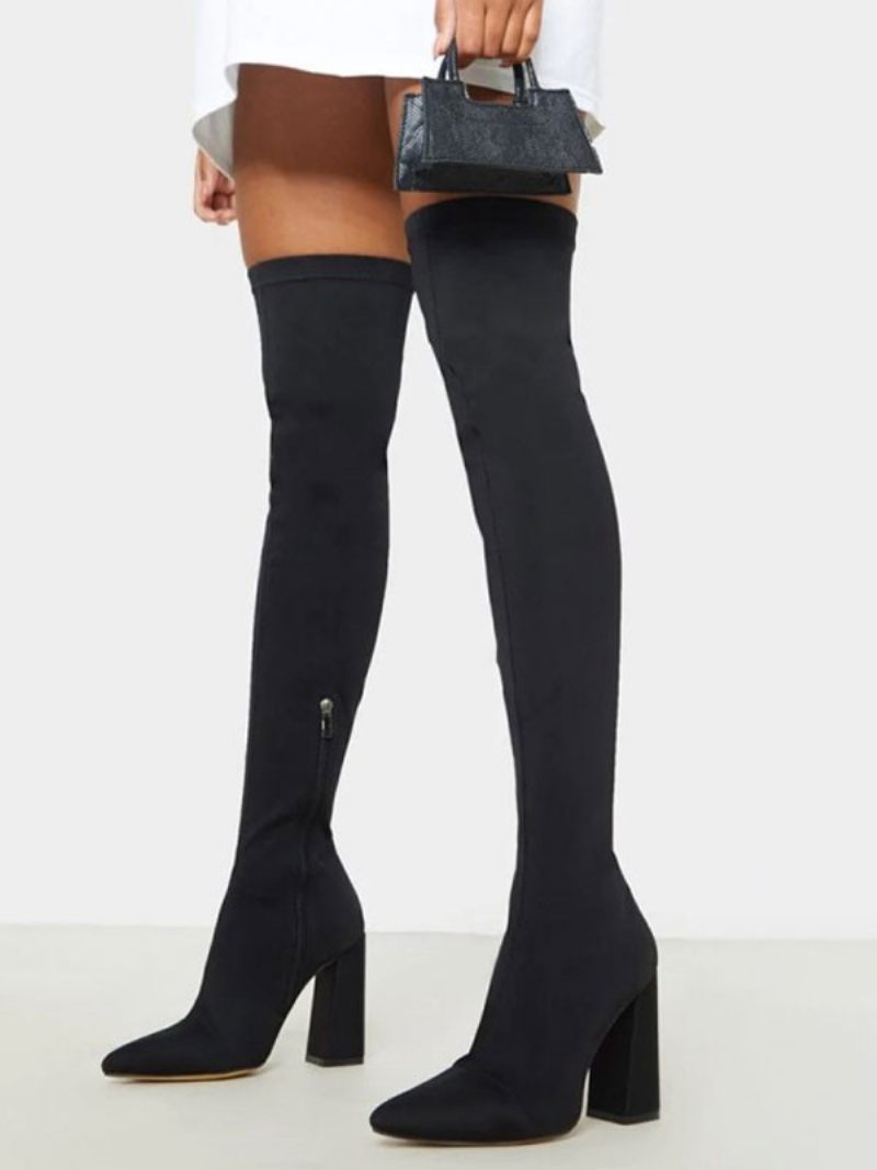 Bottes Au Dessus Du Genou Pour Femmes Tissu Élastique Bout Rond Noir Talons Épais Cuissardes Hautes