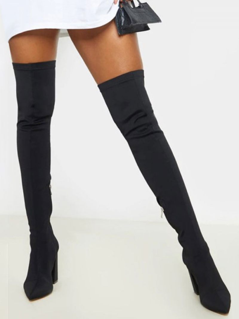 Bottes Au Dessus Du Genou Pour Femmes Tissu Élastique Bout Rond Noir Talons Épais Cuissardes Hautes - Noir