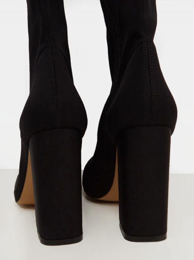 Bottes Au Dessus Du Genou Pour Femmes Tissu Élastique Bout Rond Noir Talons Épais Cuissardes Hautes - Noir